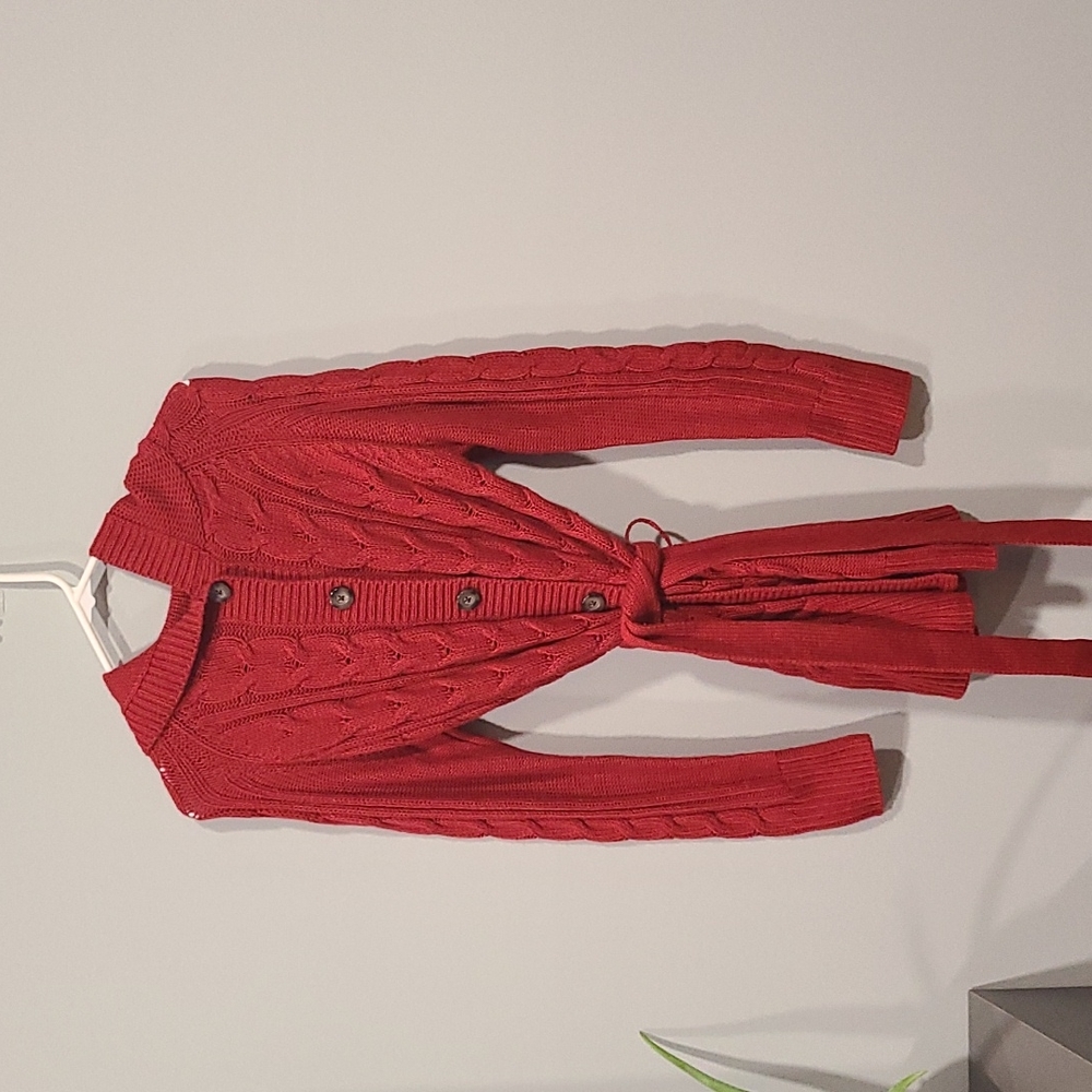 button-down sweater with tie around the waist